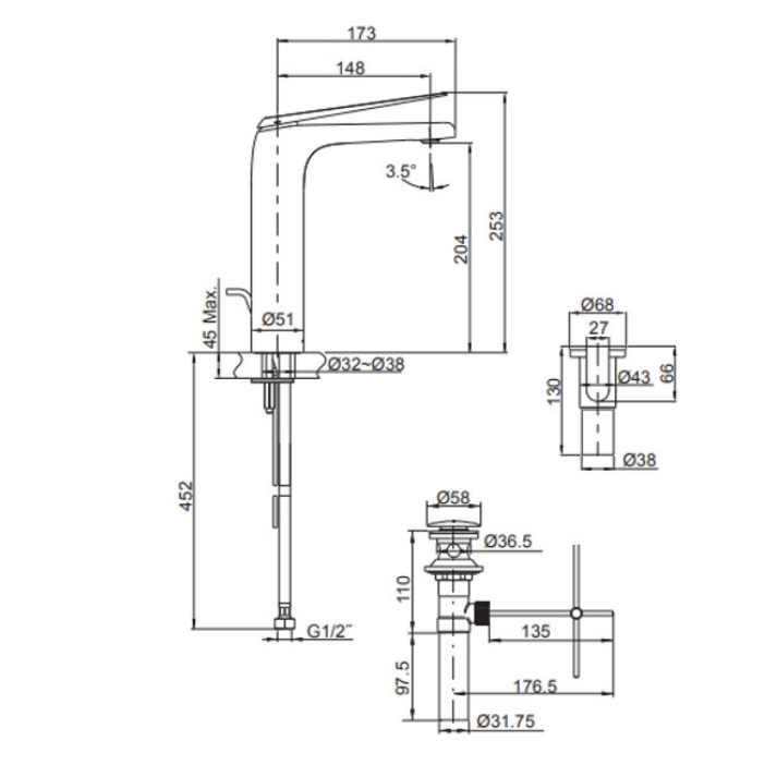 KOHLER Avid 高腳臉盆龍頭(玫瑰金/白) K-97347T-4-0RG