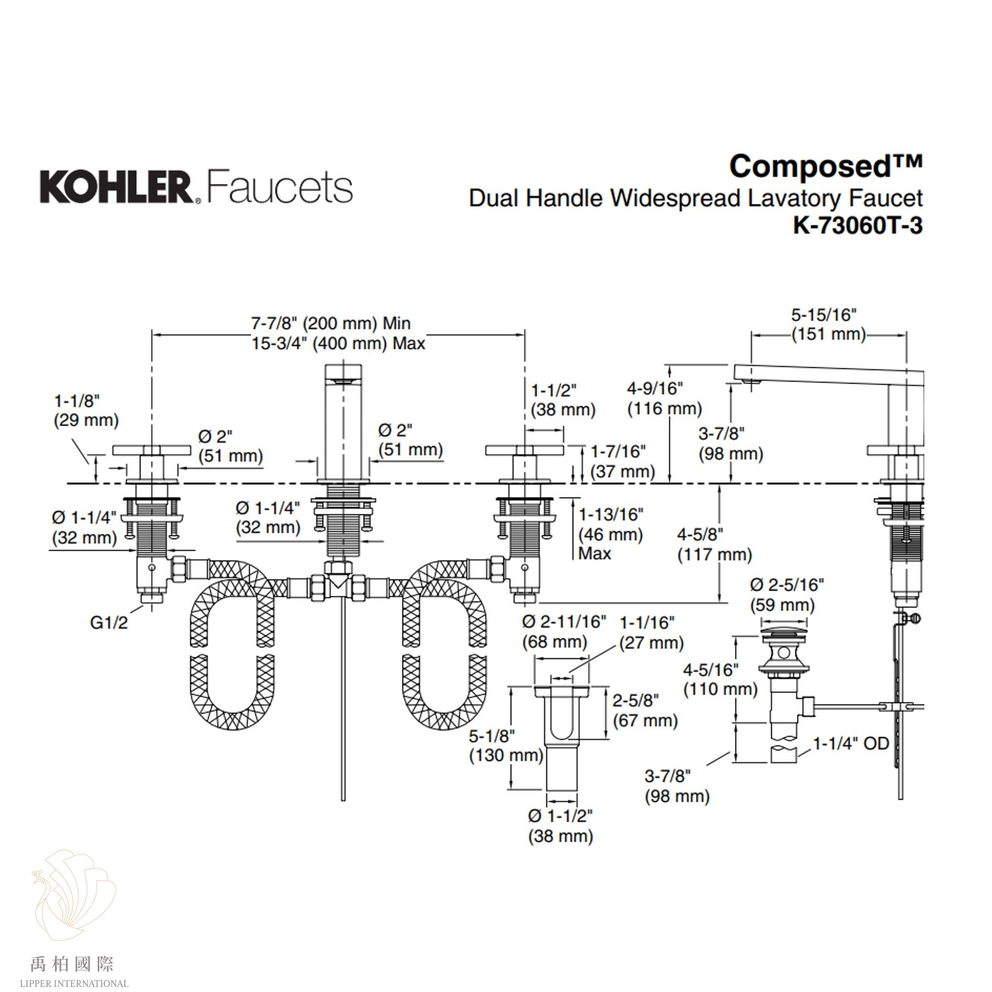 K-73060T-3-AF_7589160c-8e53-4bea-8e2a-b09a32af5aae KOHLER Composed 三孔十字臉盆龍頭(法藍金) K-73060T-3-AF